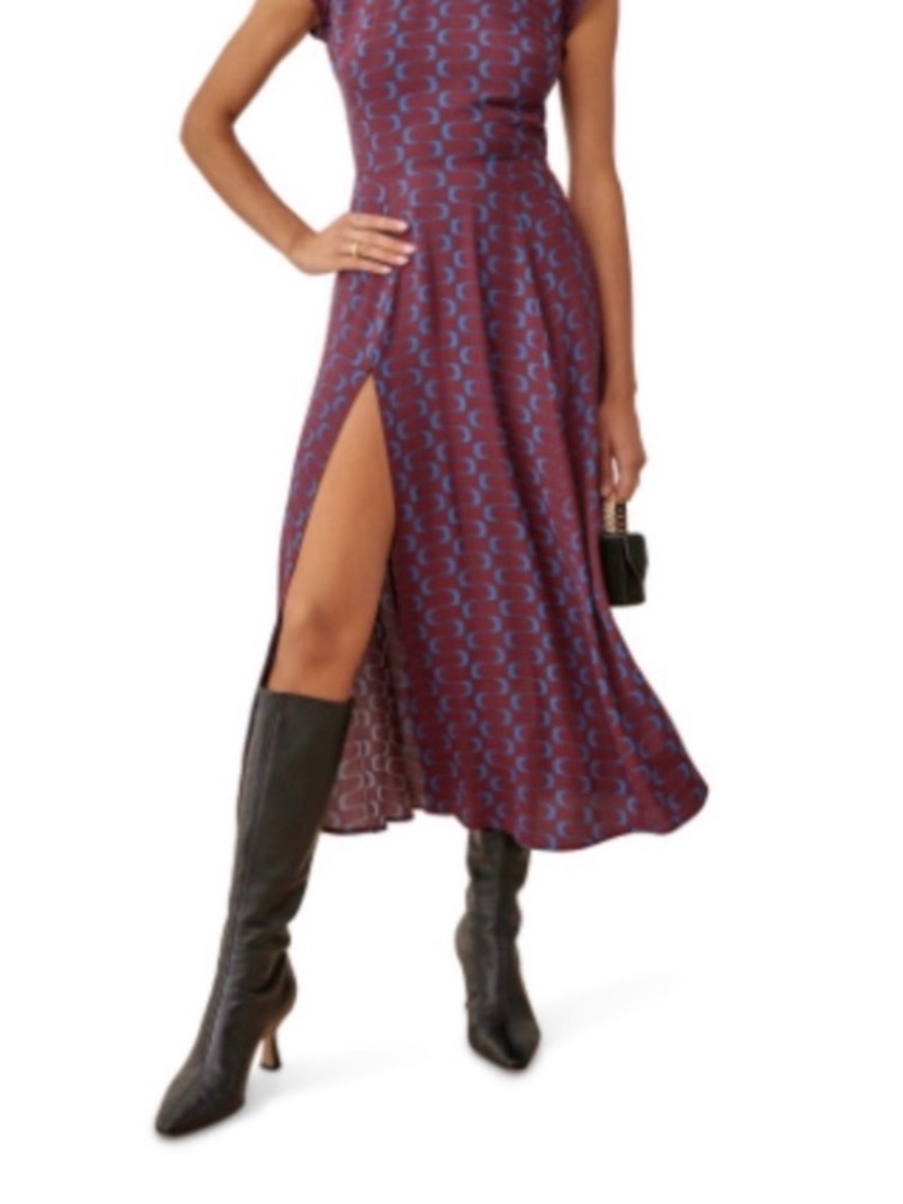 Reformation Burgundy Midi dress with Blue open back and two front slits sexy on